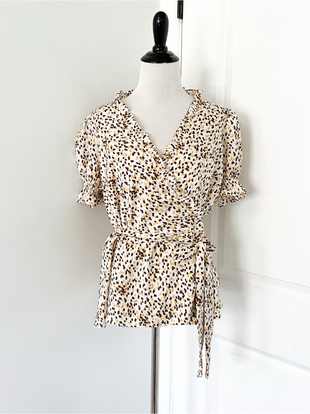 Julio Wrap Blouse in Ivory with Brown & Mustard Spot Print - Size 8